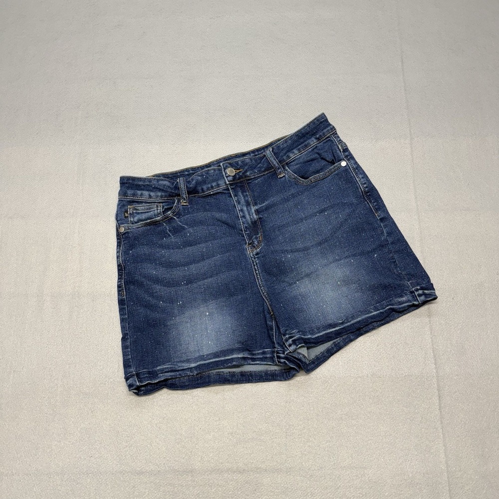 Judy Blue Ava Paint Splatter Denim Shorts Womens XL Blue Mid Rise Stretch